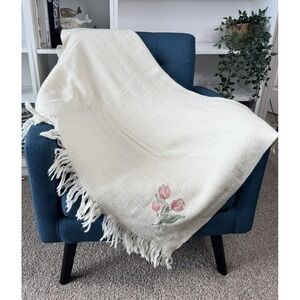 Tulips & Ivory Wool Blend Throw Blanket Fringe‎ Floral Tulip Cottagecore Shabby